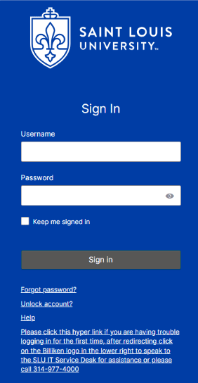 The SLU log-in page featuring boxes for a username and password. 