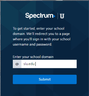 A Spectrum log-in window with "slu.edu" filled in the domain field.