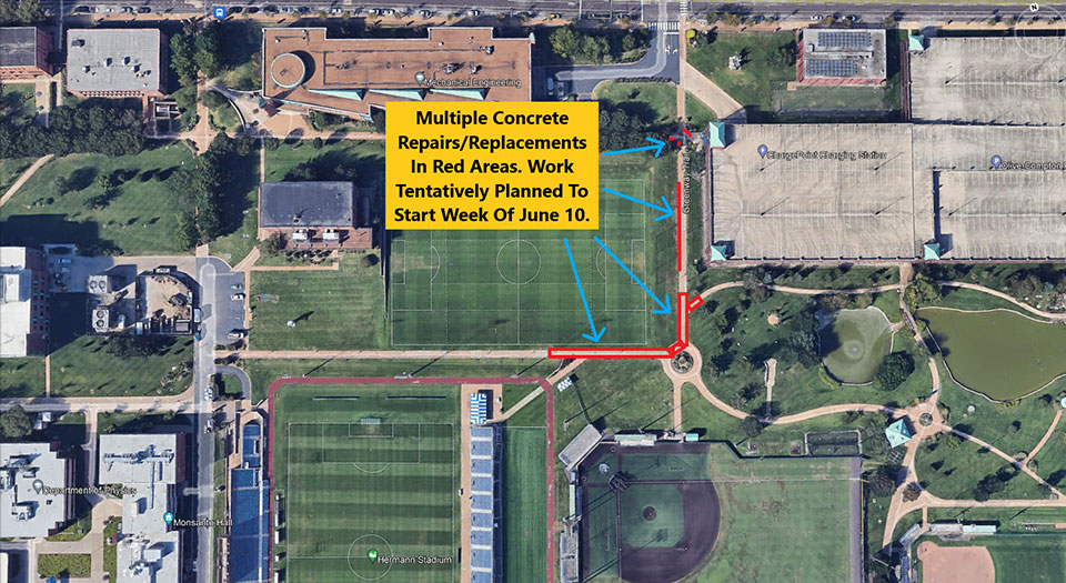 An aerial shot of the SLU soccer fields. A portion of the sidewalk near the Olive Compton garage is highlighted in red.