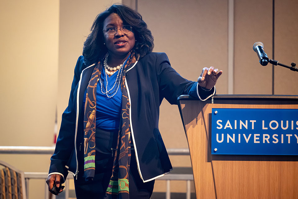  SLU alumna Tiffany Anderson, Ph.D.  delivered the keynote address at the 2024 Cannonball Conference on Thursday, Oct. 24. Photo by Sarah Conroy. 