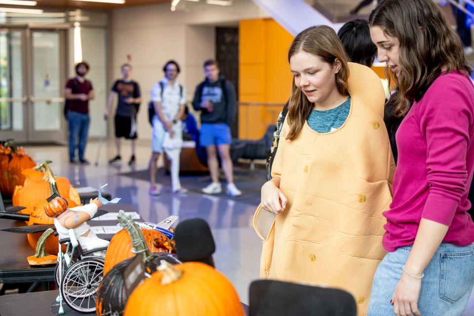 Students in SLU's School of Science and Engineering participated in a Halloween innovation challenge, carving pumpkins that represented STEM majors in the school.