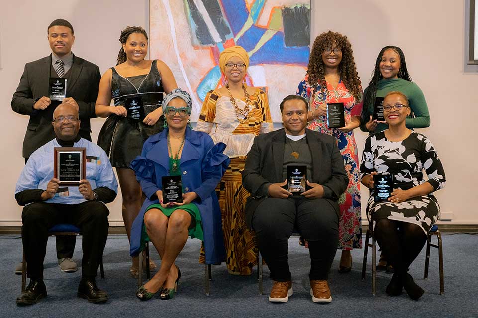 The third annual Black History Month Celebration and Awards Ceremony recognized eight members from the SLU community .Front row, from left, are award winners Travis Threats, Ph.D.; Knieba Jones Johnson, Andre Benson and Wendy DuCassé. Back row from left are Siyani Scroggins, Cyan Kelley, Luella Loseille, event organizer; Faith Townsell and Sam Hall. Submitted photo courtesy of MICX Studios.