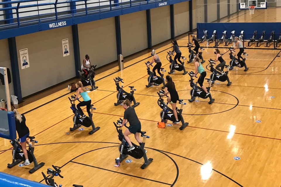 A view of a socially distanced spin class at Simon Recreation Center.