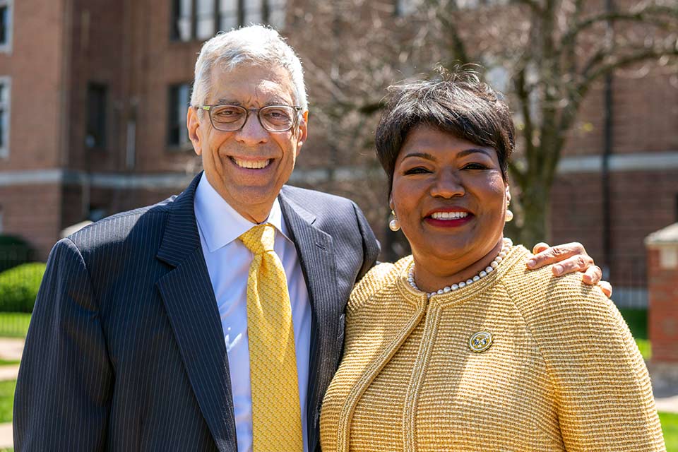 SLU President Fred Pestello and Harris Stowe President LaTonia Collins Smith pose for a photo following her inauguration.