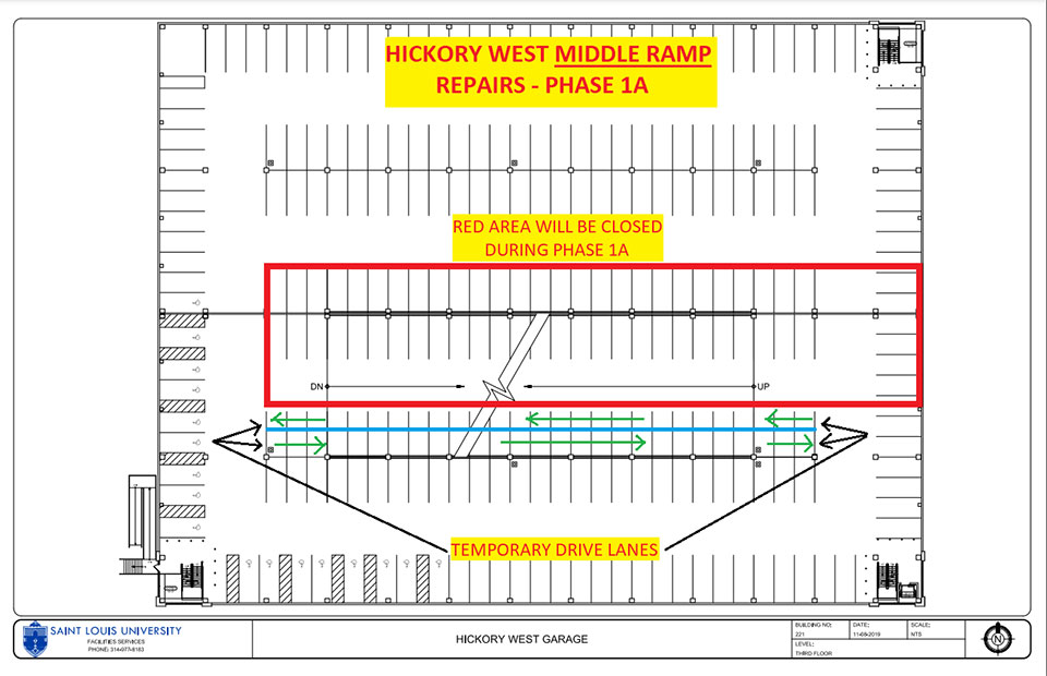 Phase 1A of the work will be the first portion of the garage done. Temporary driving lanes are marked with green arrows while the red box marks the area that will be closed. SLU Photo.