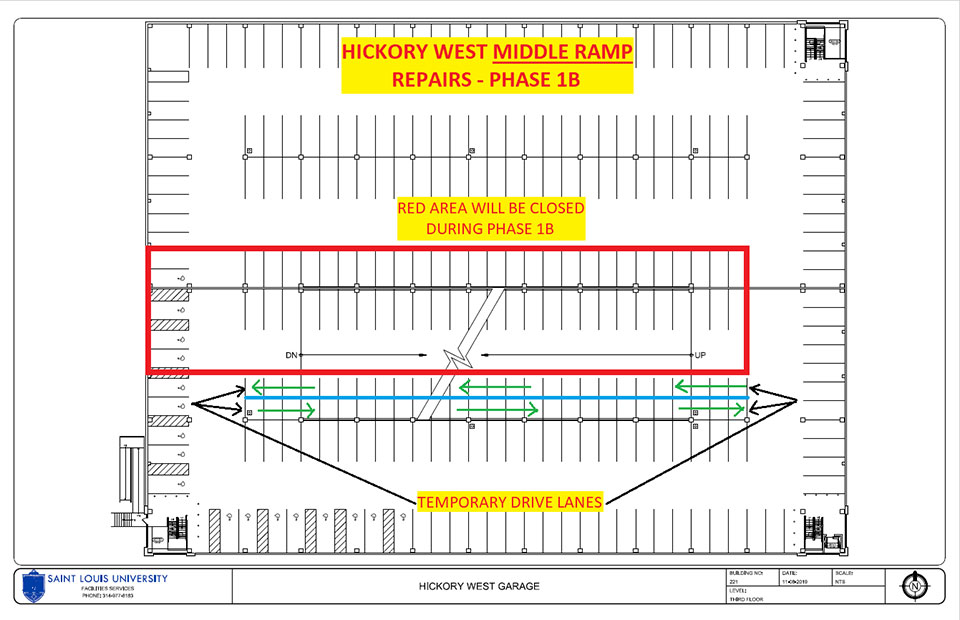 Crews will move onto Phase 1B second. Temporary driving lanes are marked with green arrows while the red box marks the area that will be closed. SLU Photo.