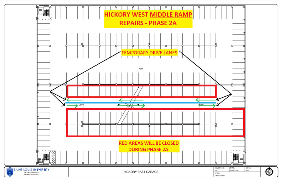 Phase 2A will feature a shift of the clsoed area. Temporary driving lanes are marked with green arrows while the red box marks the area that will be closed SLU Photo.