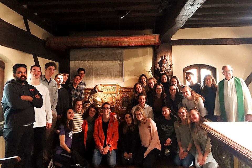 Retreatants from SLU-Madrid gather at the Holy House, birthplace of St. Ignatius Loyola, founder of the Jesuits.