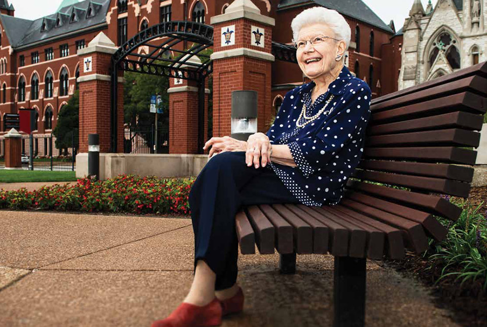 Longtime SLU administrator and volunteer Mary Bruemmer poses for a photo on campus.