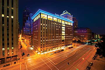 Scott Hall at night, located downtown St. Louis