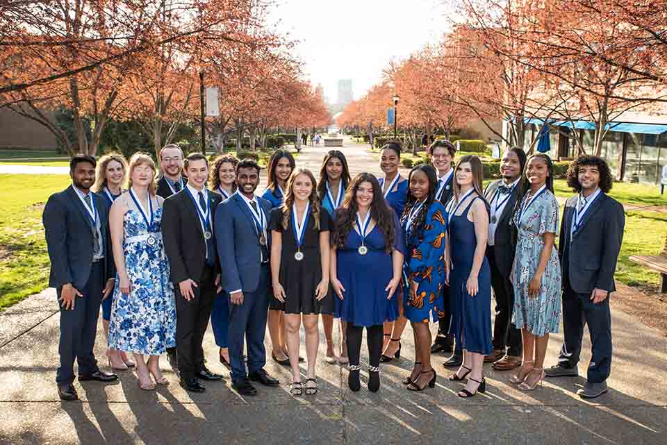 Front row, from left, are Ajit Perla, Amanda VanNierop, Darren Manion, Aakash Nagarapu, Merideth Vieson, Krysta Couzi, Sally Gacheru, Jacqueline Short, Taylor Stalling, and Antonio Donohue. Back row, from left, are Danielle McTigue, Blake Recupido, Emma Murphy, Tanvi Yadlapalli, Sudeepti Nareddy, Becca Townley, Patrick Bausch, and Aric Hamilton. Photo by Luke Yamnitz Photography.