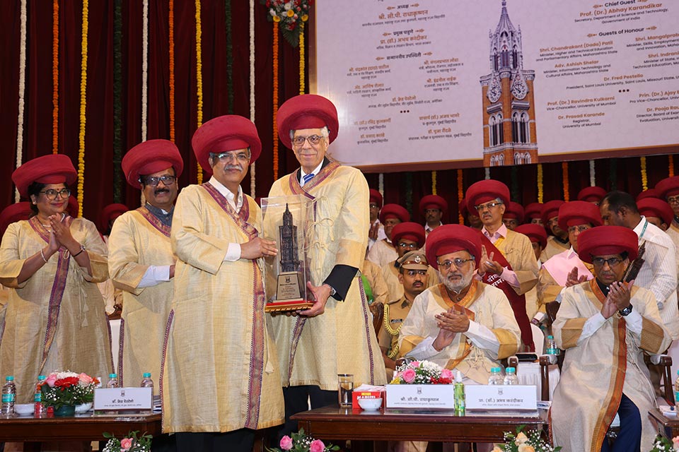 SLU President Fred P. Pestello, Ph.D., is honored during the University of Mumbai's commencement in January 2025. 