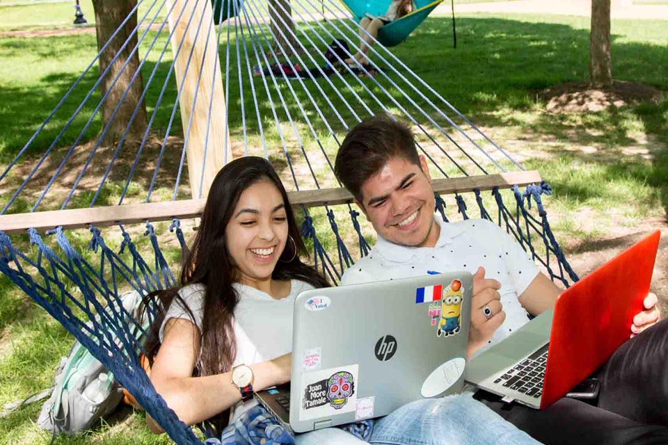 Two students in hammock looking at computers