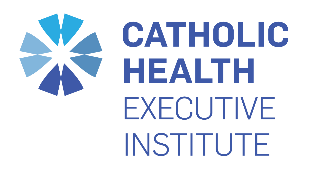 The blue and purple logo for the Catholic Health Executive Institute with words stacked to the right, circular image to the left.