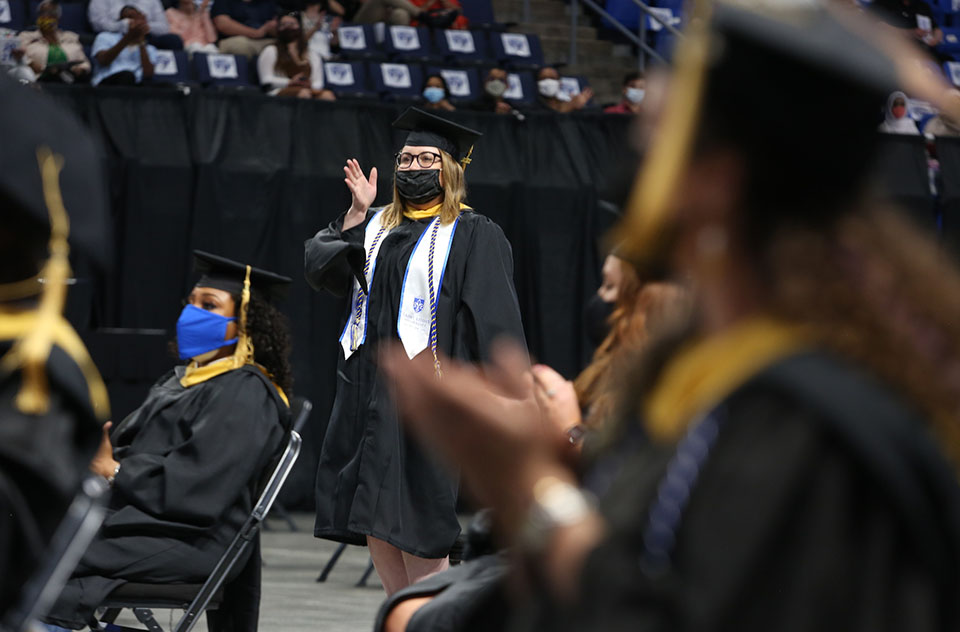 MHA student wearing mask at Spring 2021 graduation ceremony 