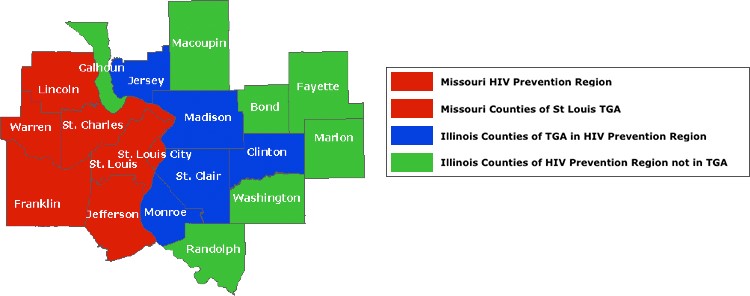 Map showing counties in greater St. Louis region and the St. Louis Transitional Grant Area (TGA). Red counties: Lincoln, Warren, St. Charles, Franklin, St. Louis, St. Louis City and Jefferson represent the Missouri TGA and the Missouri HIV prevention area. Blue counties: Jersey, Madison, St. Claire, Clinton and Monroe represent Illinois counties of TGA in HIV prevention region. Green counties: Macoupin, Bond, Fayette, Marion, Washington and Randolph represent Illinois counties of HIV prevention region not in the TGA.