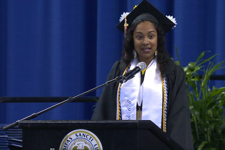 Shalini Raichur addresses the graduates in her speech.