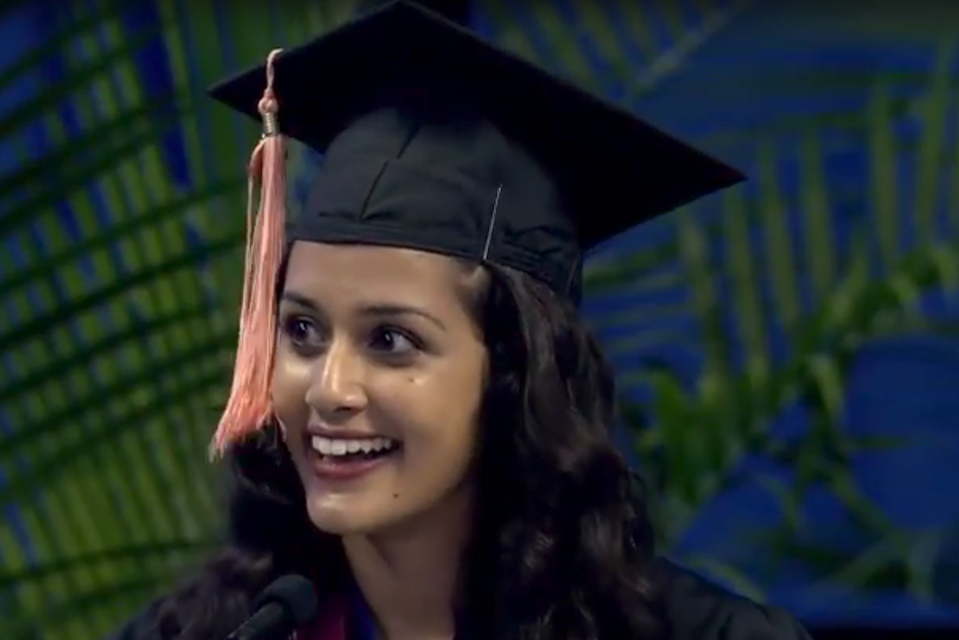 Souyma Ramireddy, Master of Social Work graduate, gives one of the 2018 Precommencement speeches.