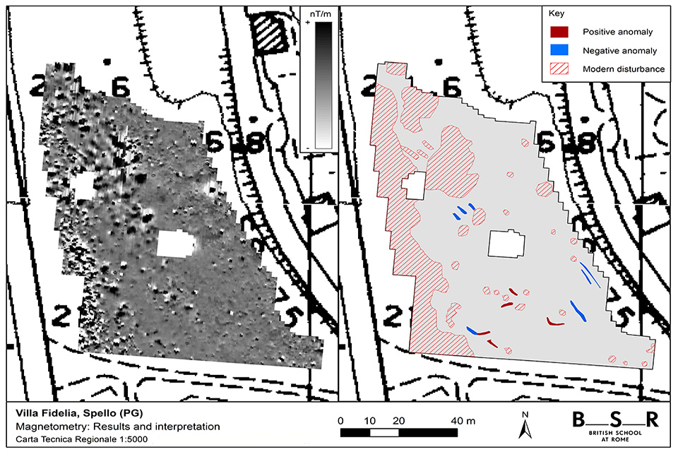 Scans of ground-penetrating radar and magnetometry surveys of the Villa Fidelia, showing placement of potential structures..