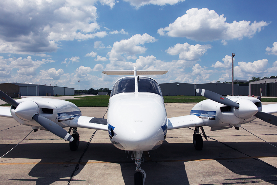 Piper Seminole plane parked at the Center for Aviation Science