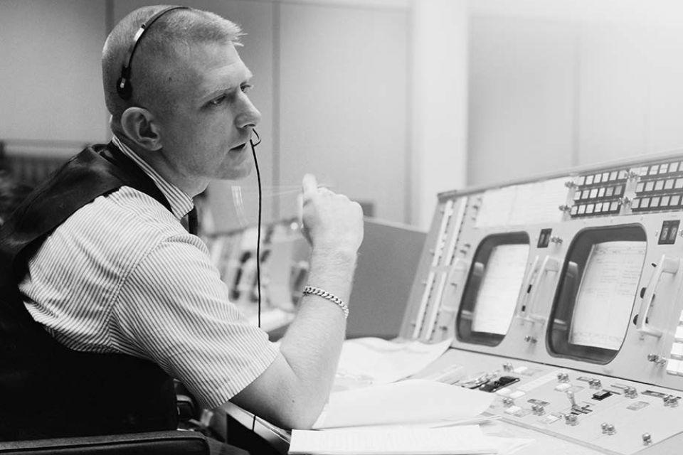 Image of Eugene Kranz at operations control board at NASA circa 1970. 