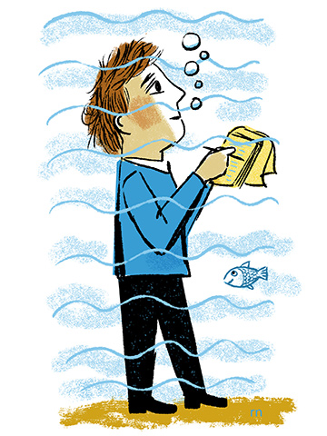 Illustration of a man with a notebook, under water